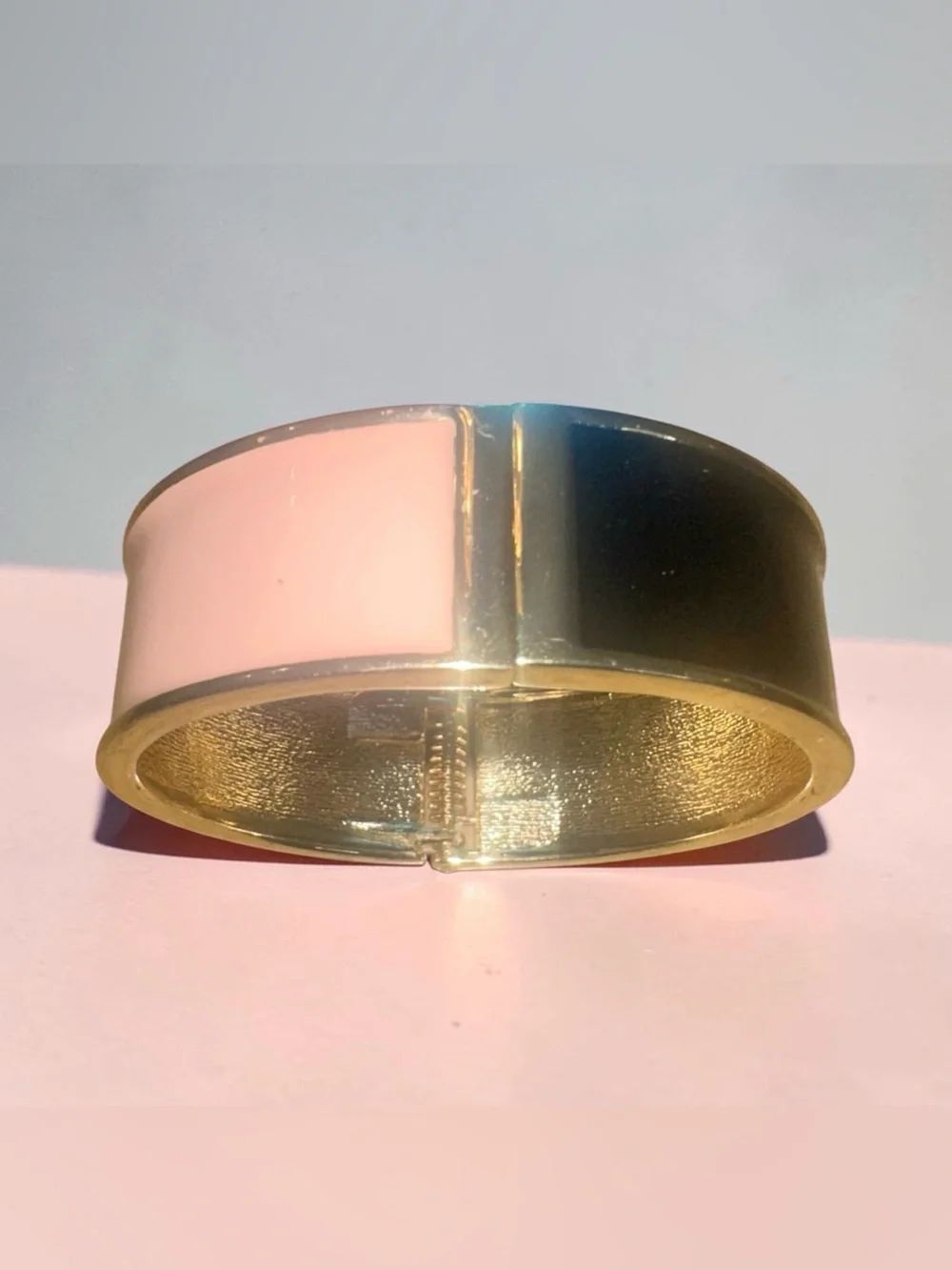 Gold Tone Hinged Bangle Bracelet with Pink and Black Enamel Accent